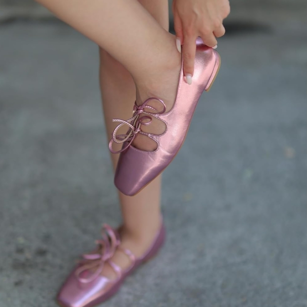 NWOT | Elegant Square Toe Pink Metallic Ballet Flats | Ribbon Laces | Size 45 EU